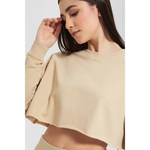 ALO YOGA Double Take Raglan-sleeve Cropped Sweatshirt in Putty Size Small - Picture 1 of 6